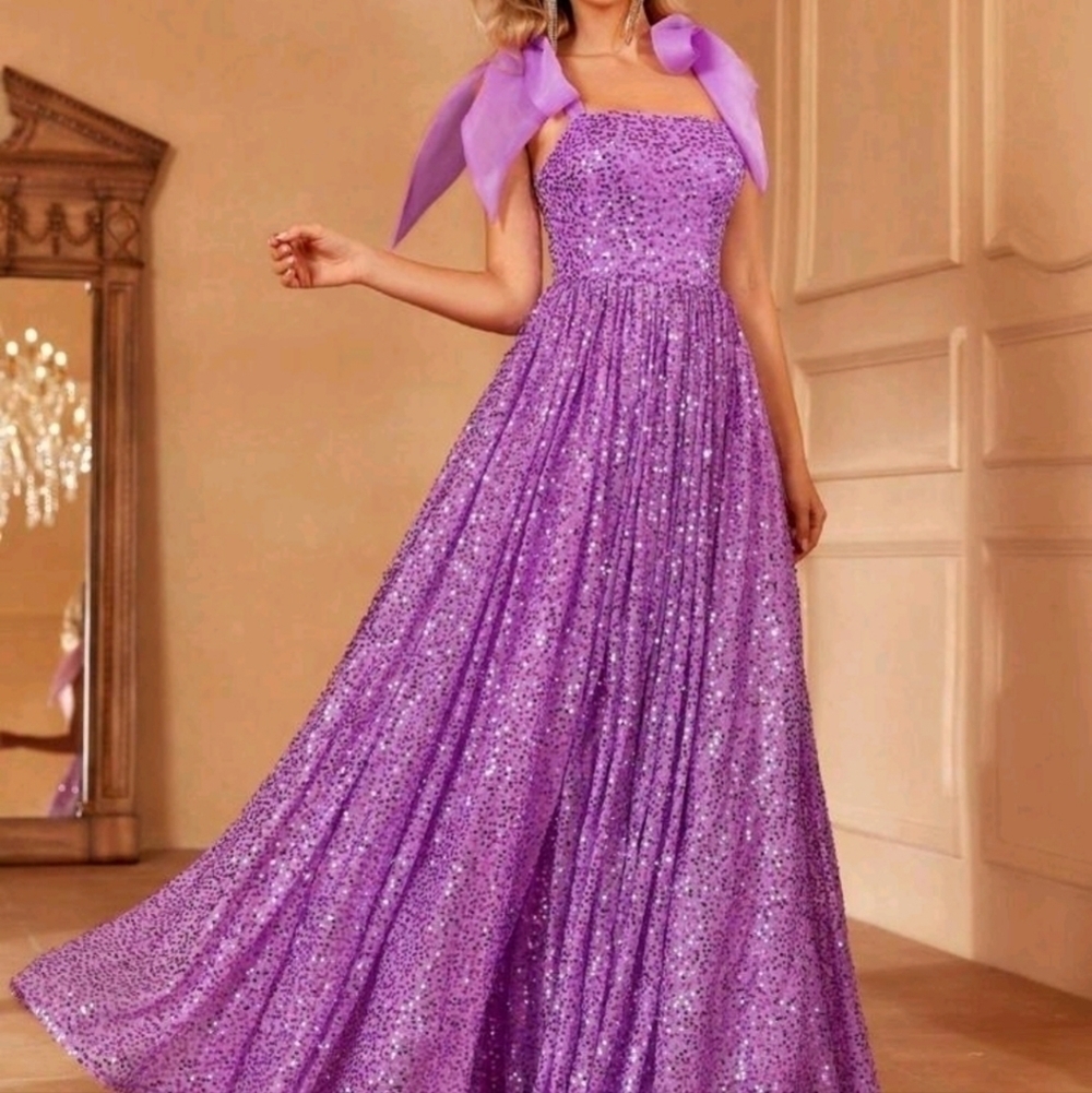 Purple Sequined, A Line, Pleated, Sleeveless, Gown